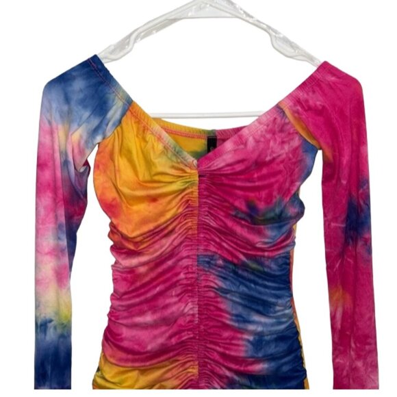 NWT Tie Dye Ruched Off Shoulder Bell Sleeve Bodycon Mini Dress S Festival - Picture 5 of 10